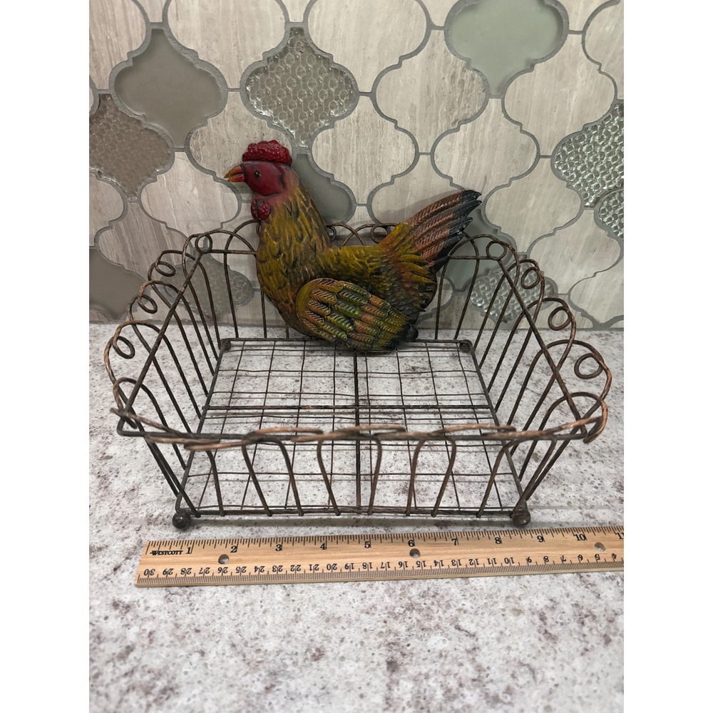 Vintage Farmhouse Metal Wire Basket with Colorful Rooster Decor Brown Country